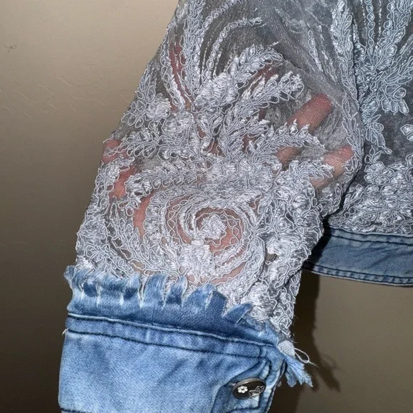 Elegant Blue Embroidered Sheer Denim Jacket - Picture 7 of 10